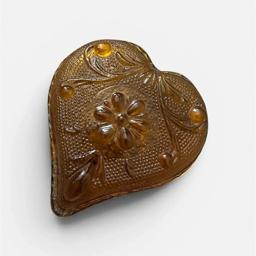 VTG MCM 70s Small Glass Amber Floral Trinket Bowl Heart Sunflower Small